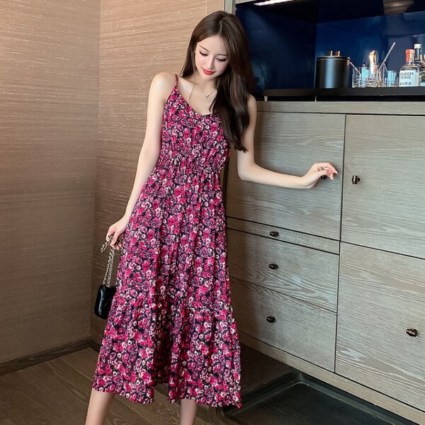 민소매원피스 한국식 새로운 여름 여성의 꽃 무늬 드레스 허리 슬리밍 우아한 패션