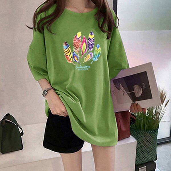 여자 여름 깃털 찰랑티셔츠 스판 실켓티 얇은 기본 프린팅 라운드넥 반팔 티셔츠