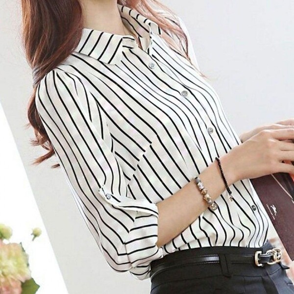 깔끔한 오피스룩 스타일 여성 클래식 디자인 블라우스 셔츠 긴팔 데일리 체크 줄무늬