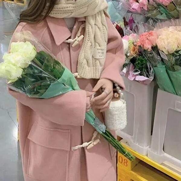 여자 카라넥 떡볶이 코트 러블리 디자인 주머니 여성스러운 연분홍 코디 패션
