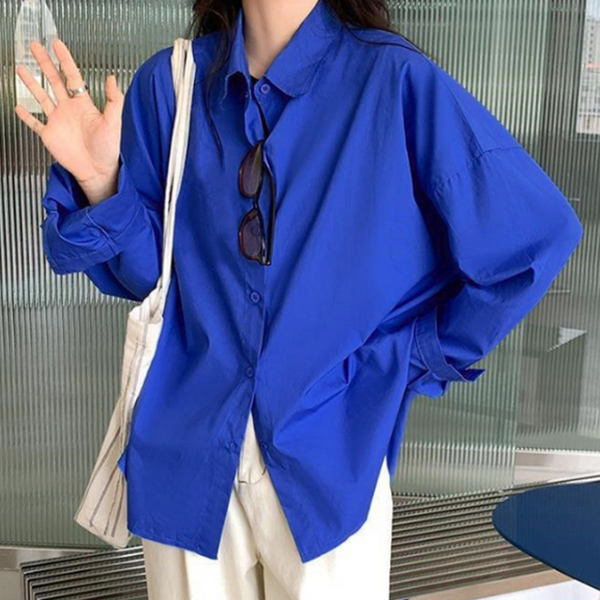 강렬한 코발트 블루 오버핏 긴팔셔츠 블라우스 여성 루즈핏 베이직 기본 긴팔 셔츠 남방